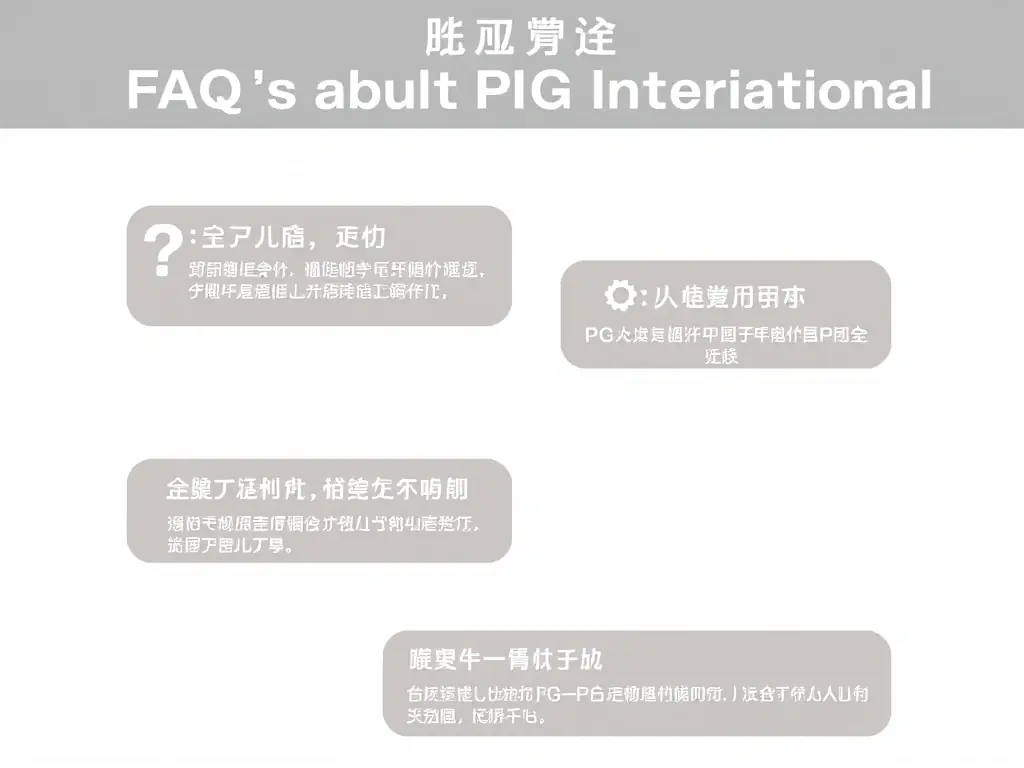 A visually appealing graphic representing the FAQ section, featuring icons and concise text snippets addressing common questions about PG International and its services. The graphic should convey clarity, transparency, and a commitment to user satisfaction.