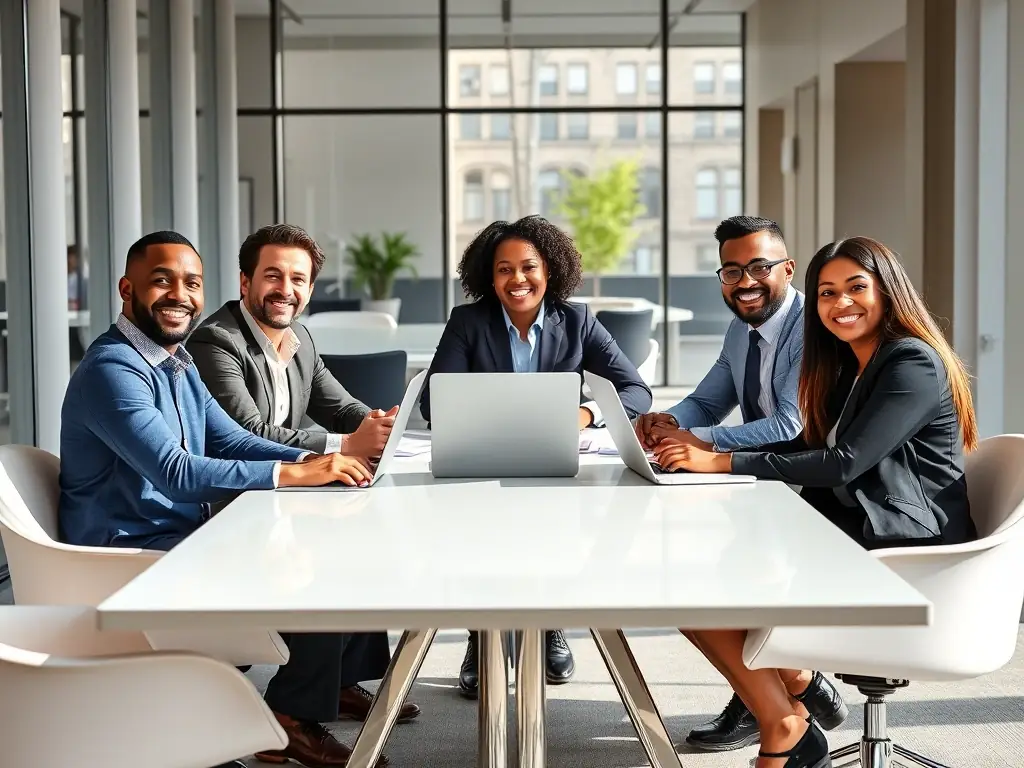 A professional photograph showcasing a diverse group of individuals collaborating in a modern office setting, symbolizing the partnership opportunities with PG International. The image should convey teamwork, innovation, and a shared vision for success in the electronic gaming industry.